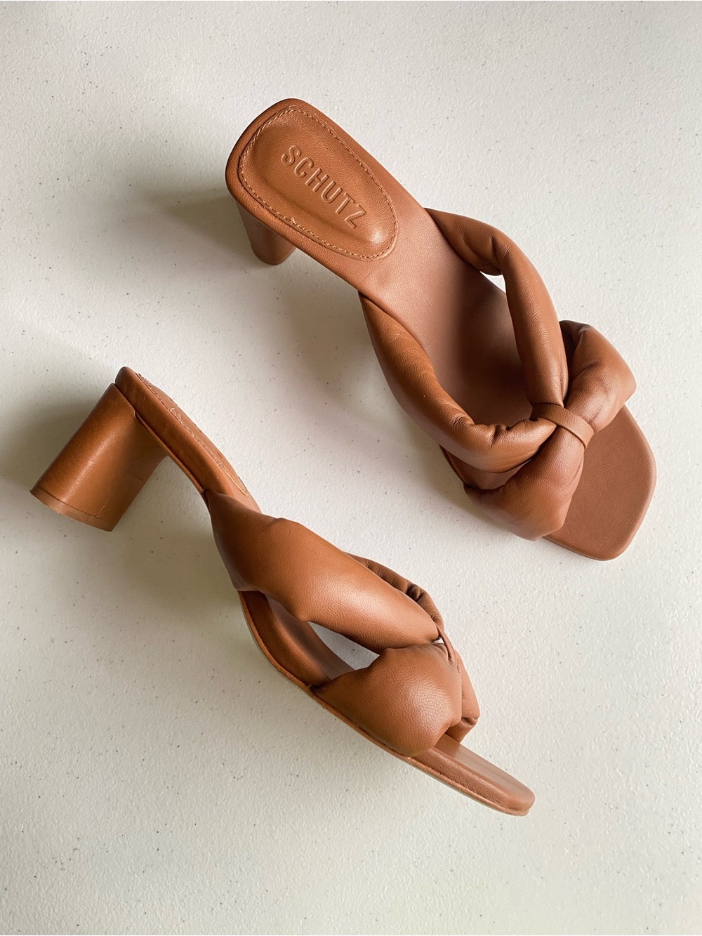 Schutz Size 9 Tan Brown Genuine Leather Padded Strap Square Toe Sandal Heel